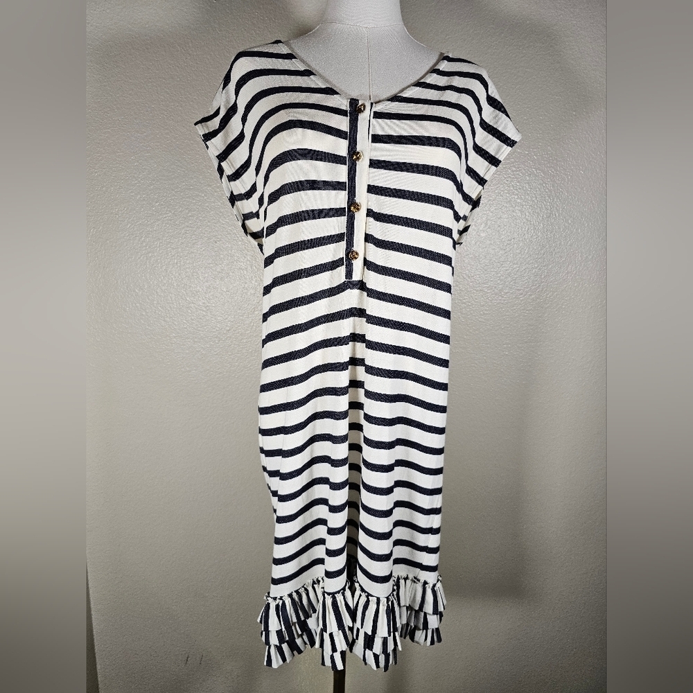 FINE GARMENTS by Bell Womens 100% Cotton Knit Blue White Stripe Dress SZ 4